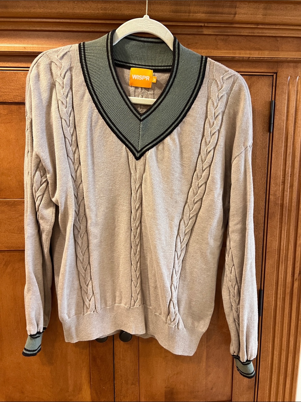 Women’s Taupe Cable-Knit V-Neck Sweater with Contrast Collar